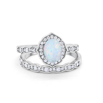 Two Piece Vintage Style Lab Created White Opal Wedding Ring 925 Sterling Silver